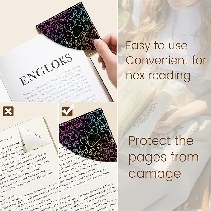 Icycay Cute Dog Cat Paws Corner Bookmarks, Funny Leather Book Accessories for Book Lovers, 3 Pcs Reading Book Page Markers for Women Men Student Teacher Girls Boys Kids Retirement Birthday Gifts