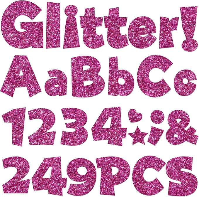 249 Pcs Glitter Bulletin Board Letters Numbers and Punctuation, 4 Inch Alphabet Poster Board Cardboard Letter Cutouts with Adhesive Dots for Classroom Bulletin Board School Decorations (Hot Pink)