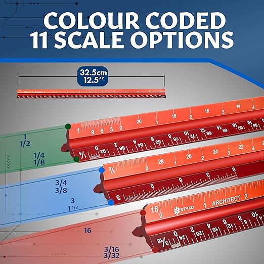 Stylo 12" Aluminum Architect Scale Ruler Laser Etched Triangle Drafting Ruler, Color Coded Grooves for Blueprint, Drafting and Drawing, Architectural Scale Ruler for Blueprints (Red, Imperial Units)