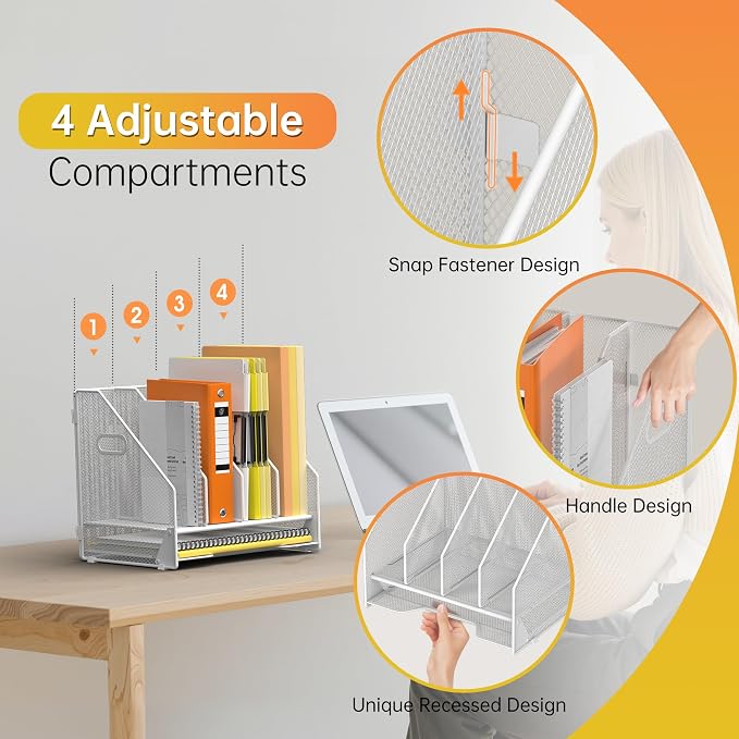 Docnest Desk File Holder Sorter, 4 Vertical Compartments Rack with Letter Tray, Mesh Magazine File Holder with Handle,Workspace Organizers,Desk Organizers for Paper, Mail, Documents-White