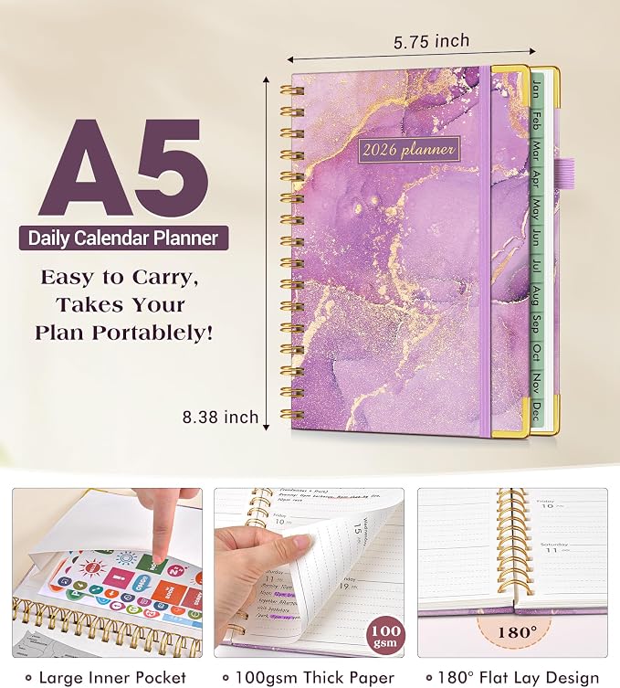 2026 Planner, Hardcover Weekly and Monthly Planner for Women, January 2026 - December 2026, Spiral Yearly Agenda Organizer Book 2026 with Tabs, Daily Calendar Planners for School Work Home, A5 (5.75" x 8.38"), Purple Marble