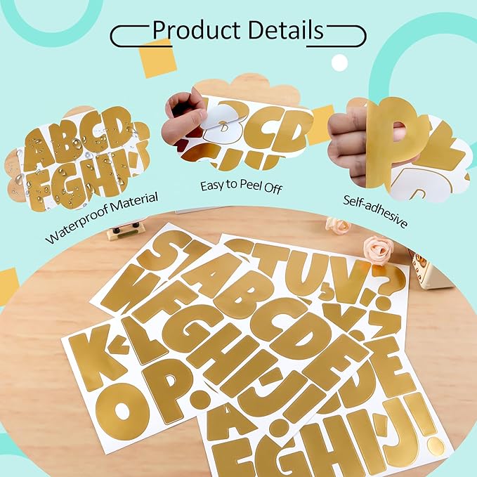 504 PCS Bulletin Board Letters 42 Sheets Large Letter Stickers Vinyl Waterproof Self-Adhesive Alphabet Sticker Letters for Poster Board Display Classroom School Mailbox Home Decor (3 Inch, Gold)