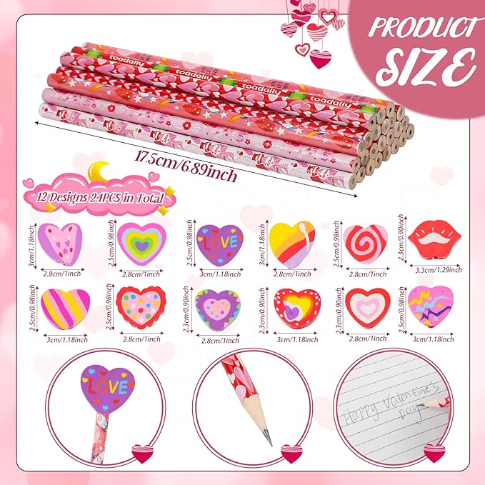 FOIMAS 24pcs Valentine's Day Pencils with Erasers Topper Decorated with Love Hearts Lips Assortment Valentine Stationery Pencil Bulk for Valentine's Day Goodie Bag Filler School Teacher