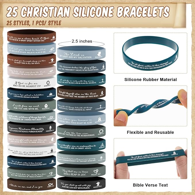 TecUnite 25 Sets Father's Day Christian Church Gifts Bulk for Men Bible Verse Gel Pens Religious Silicone Wristband Emergency Numbers Bookmarks for Coworker Nurse Teacher Women(Black)