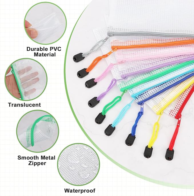 AOBOPLE 36pcs Mesh Zipper Pouch,4.9x6.3 inch Waterproof Zipper Bags with Colored Stickers 9 Colors Plastic Zippered Pouches Small Organizing Bags for Travel Storage and Office Supplies