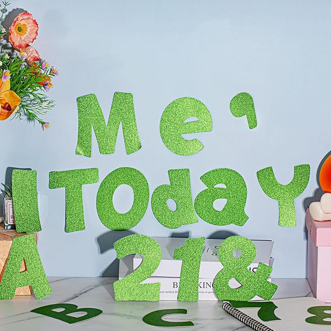 Colarr 216 Pcs Glitter Bulletin Board Letters for Classroom Number Alphabet Punctuation Symbol Cutout 4'' Die-Cut Poster Letter with Adhesive Dot School Party Holiday Decor Display(Lime Green)