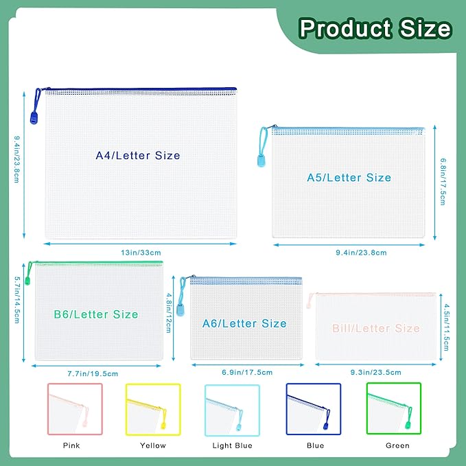 18-Pack Mesh Zipper Pouch Set with 1 Organizer Bag, 5 Sizes (A4 A5 A6 Bill B6) Clear Waterproof File Bags for Categorized Storage, Professional Travel & Home Office (19pcs)