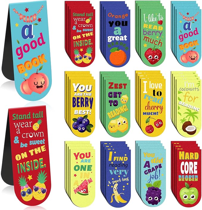 48 Pack Scented Bookmarks Magnetic Scratch and Sniff Fruit Food Bookmarks for Kids Cute Page Markers with Sayings for Kids Students Teens Teachers(Fruit Flavor)
