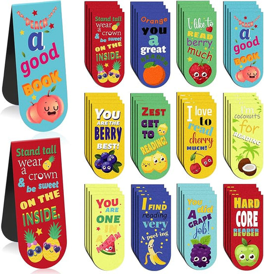 48 Pack Scented Bookmarks Magnetic Scratch and Sniff Fruit Food Bookmarks for Kids Cute Page Markers with Sayings for Kids Students Teens Teachers(Fruit Flavor)