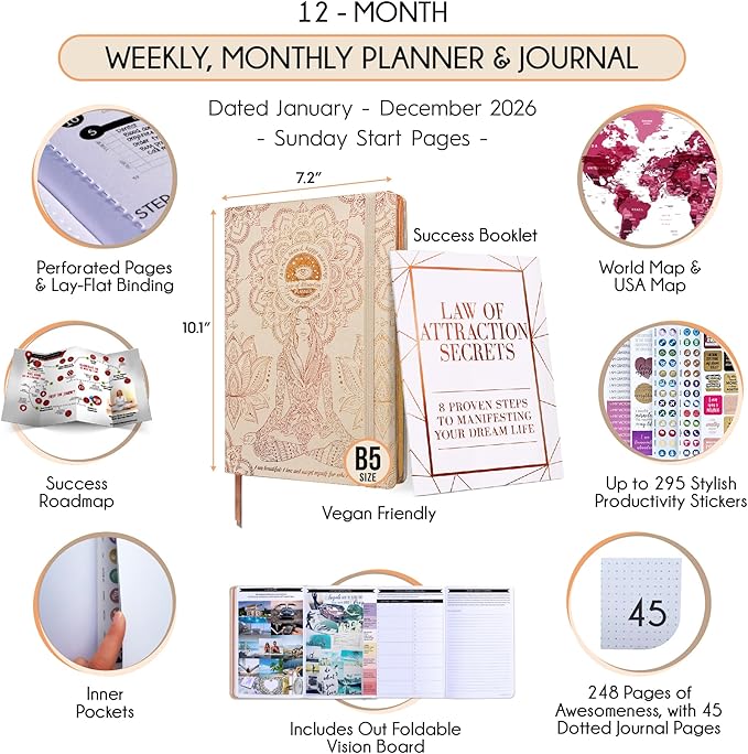 Deluxe 2026 Planner Weekly and Monthly | Law of Attraction Planner with Productivity App | 12-Month for Productivity, Gratitude & Goal Setting | Includes Foldable Vision Board, Gift Box & Stickers