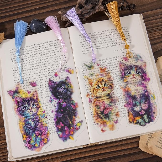 Cute Cat Bookmarks Gifts - 4 Pcs Cartoon Cats Butterflies Bookmark with Tassels Stained Glass Book Marks Gift Office Home Supplies for Women Kids Reading Lovers Writers Teacher Students Reader