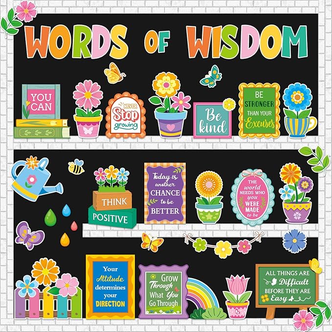 Mooliwe 57 Pcs Spring Floral Bulletin Board Set Inspirational Flower Bulletin Board Decoration Positive Cutout Classroom Decoration for School Office Home Teacher Classroom Wall Supplies