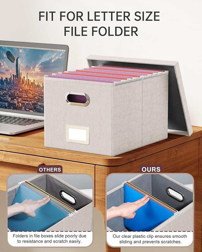 Oterri 2 Pack File Storage Organizer, Document Organizer, Portable File Box with Lid, Fit for Letter/Legal File Folder Storage,Beige-Box only