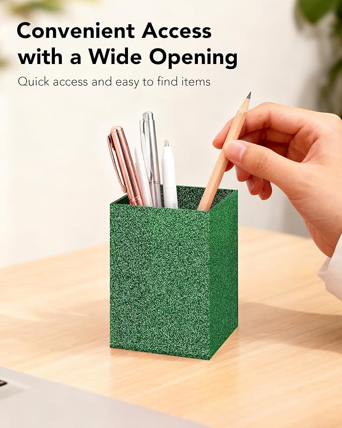 Green Glitter Acrylic Pen Holder, Acrylic Makeup Brush Storage Organizer, Pencil Pen Holder for Desk, Modern Desktop Accessories for Office School Home Supplies