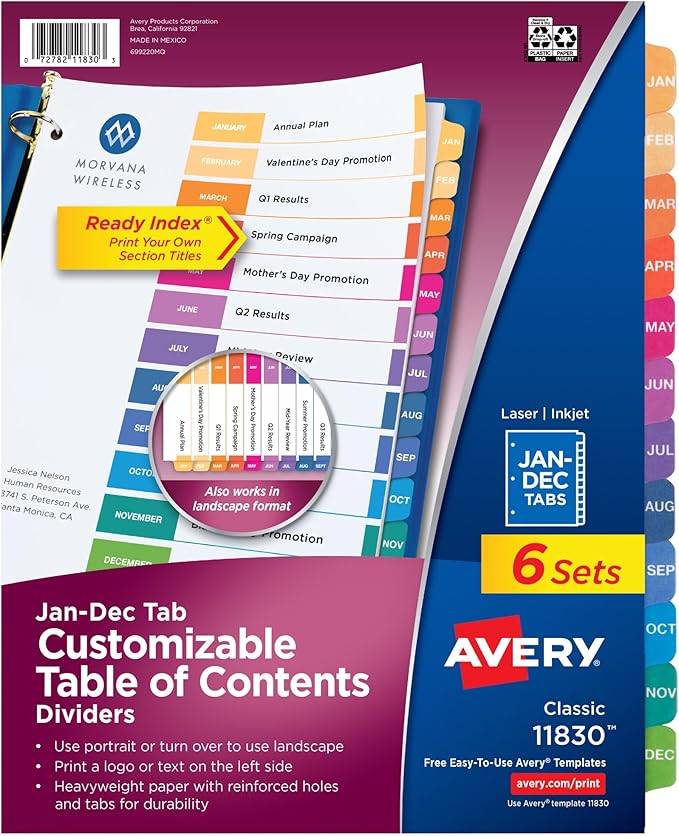 Avery Jan-Dec Dividers for 3 Ring Binders, 12 Tabs per Set, Customizable Table of Contents, Multicolor Tabs, Great for Organizing Reports, Projects, and More (6 Sets of 11830)