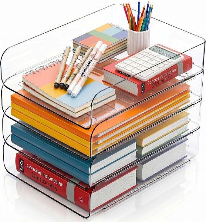 CiWiVOKi 4 Trays Paper Organizer Letter Tray, Acrylic Clear PET Desk File Organizer, Stackable Paper Holder Sorter for Desk Accessories, Files, Documents, iPad, Books, A4 Size, No Assembly Required