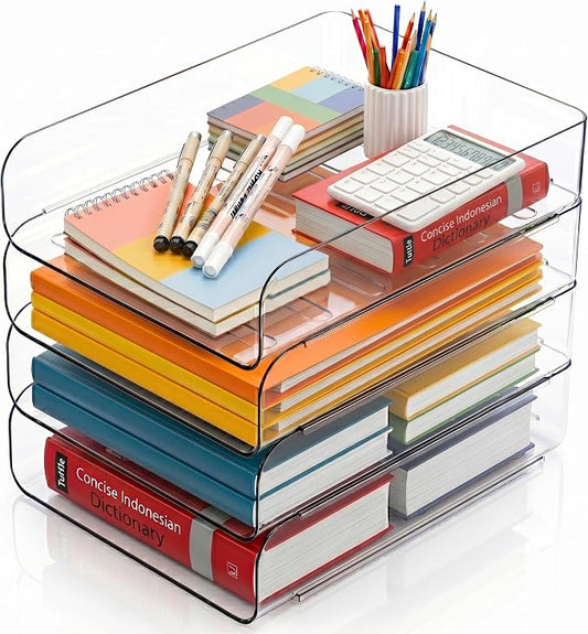 CiWiVOKi 4 Trays Paper Organizer Letter Tray, Acrylic Clear PET Desk File Organizer, Stackable Paper Holder Sorter for Desk Accessories, Files, Documents, iPad, Books, A4 Size, No Assembly Required