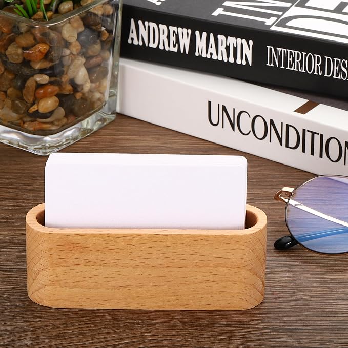 PATIKIL Business Card Holder for Desk, 4pcs Single Slot Wood Business Card Holders Wooden Card Stand Organizer Cards Display for Office Exhibition, Brown