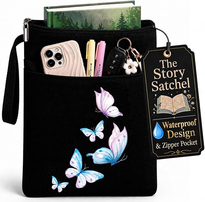 The Story Satchel Book Sleeve with Spacious Front Pocket - A Waterproof Protector Book Bag Pouch with Zipper - Perfect Book Lovers Gifts for Hardcover or Paperback (Butterfly Black)