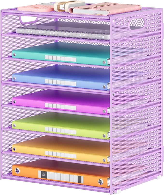 Lavatino 8-Tier Office Desk File Organizer, Letter Tray Paper Organizer with Handle, Including 5 Adjustable Slide Trays for Organizing Desktop Workspace Accessories and Supplies (Purple Metal Mesh)