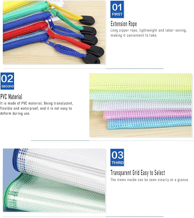 6 Pcs 4.72" x 6.3" A6 Sizes Mesh Zipper Pouch Bags, Mesh Bags with Zipper，Waterproof Clear Document Pouch for Organization Puzzles Travel, Office, Classroom Organization, A6 Multicolored