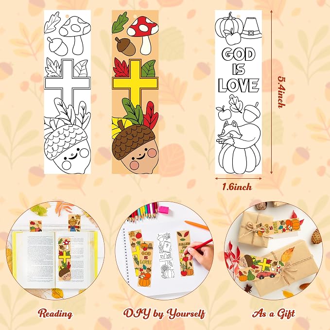 75Pcs Fall Color Your Own Bookmarks for Kids Religious Theme DIY Coloring Blank Bookmark Christian Classroom Art Craft Supplies for Teachers Students Gift Party Sunday School Reward Goodie Fillers