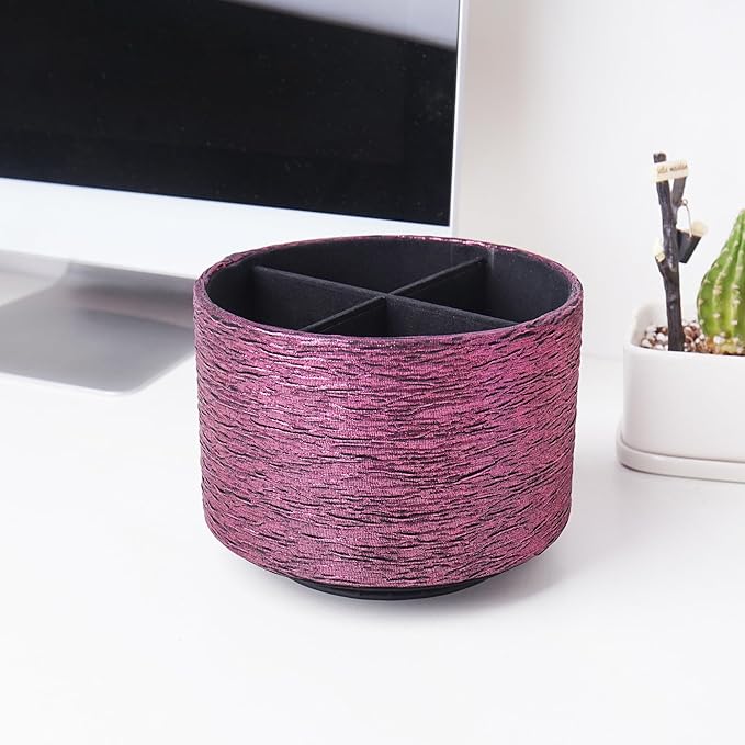 Round Leather Art Supply Organizer,Remote Control Holder,360-degree Rotating Pen Organizer with 4 Compartments(1-Light Tree Pink)