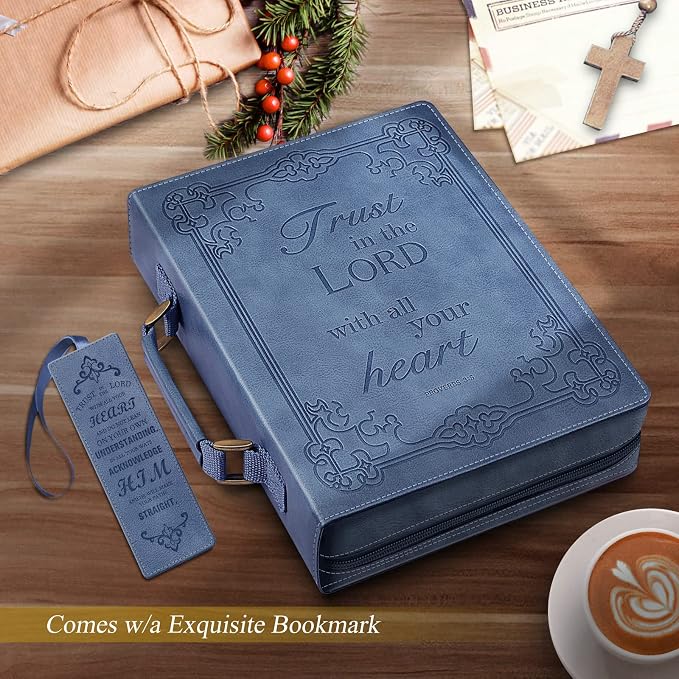 FINPAC Large Classic Bible Cover Vegan Leather Carrying Book Case Church Bag Bible Protective with Handle, Gift for Men, Women, Father, Mother, Friends, Blue
