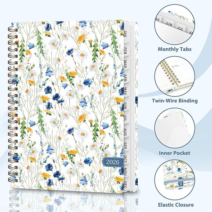 2026 Planner, Weekly and Monthly Calendar Planner, Academic Daily Agenda (Jan 2026 - Dec 2026), Hardcover Planning Notebook for Office Accessories and School Supplies, Scattered Flowers