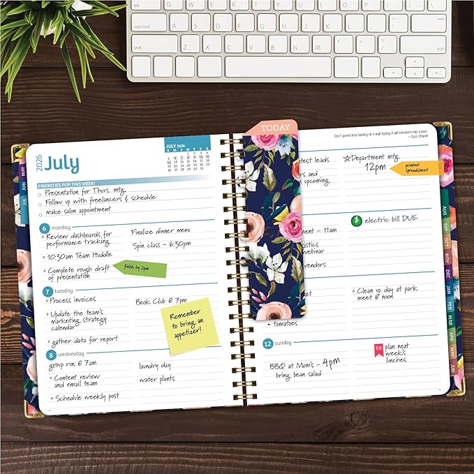 HARDCOVER Academic Year 2026-2027 Planner: 14 Months (May 2026 Through June 2027) 8.5"x 11" Daily Weekly Monthly Planner Yearly Agenda. Bookmark, Pocket Folder and Sticky Note Set (Small Navy Floral)