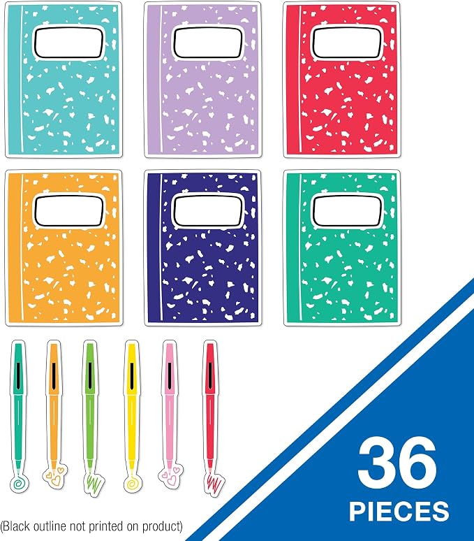 Carson Dellosa Happy Place 36 Piece Notebook and Pen Bulletin Board Cutouts, Colorful Notebooks and Pens Bulletin Board Decorations, Happy Place Classroom Décor (Pack of 2)