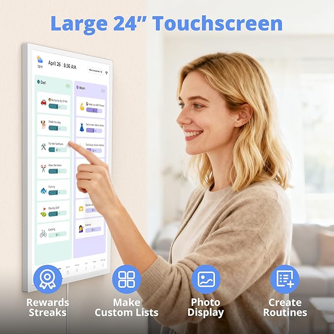 Digital Calendar 24 Inch Touch Screen, Electronic Wall Calendar Chore Chart for Family Monthly/Weekly Planner, Interactive Display Smart Calendar for Home Organization, Desk Mount Included - White