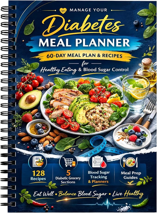 Diabetes Meal Planner & Cookbook for Beginners, Spiral Bound for Type 2 Diabetes with 128 Recipes, Weekly Meal Plans, Grocery Lists, Waterproof PVC Protective Cover, 100 GSM No-Bleed Recyclable Paper