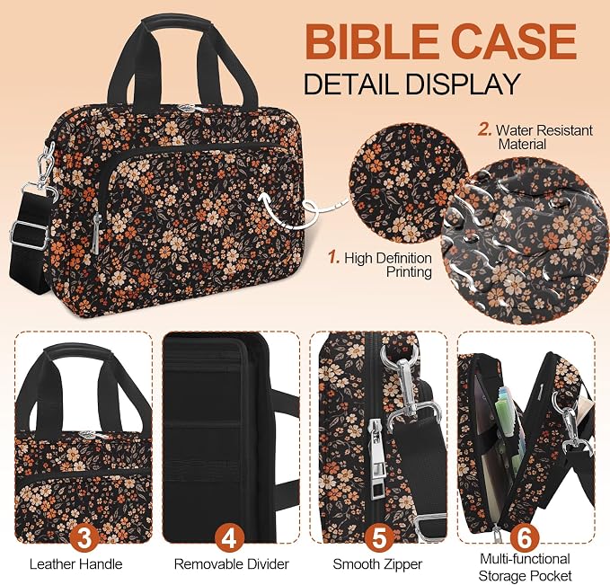 Vintage Floral Large Bible Bags for Women Organizer with Bible Cover Case, Bible Cover with Shoulder Strap & Pens & Highlighters & Cross Clip Study Kit for Bible & Church, Christian Gifts for Mom