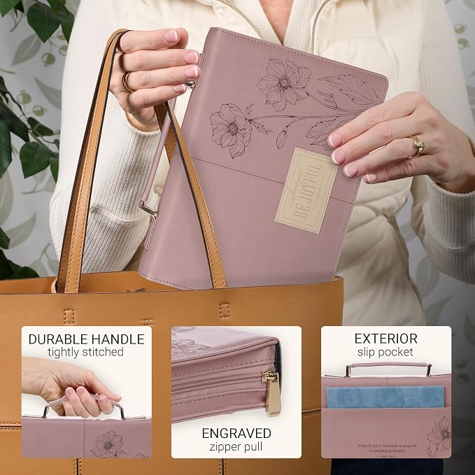 Christian Art Gifts Premium Fashion Vegan Leather Bible Cover for Women: Be Joyful Inspirational Bible Verse, Easy Carry Book Case, Dusty Mauve, Large