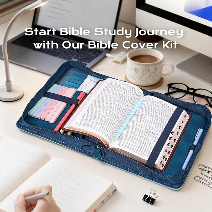 XKDOUS Bible Cover Case for Women, Leather Bible Bags with Handle, Study Supplies Journaling Kit, Gold Foiled Cross Carrying Case Large Church Book Holder Christian Gifts for Lady
