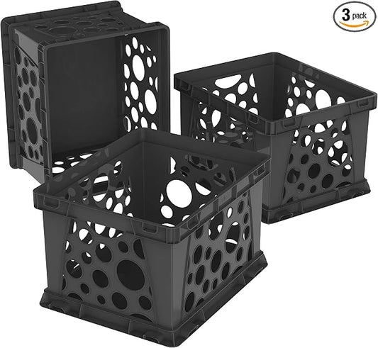 Storex Premium File Crate with Handles, Stackable Letter & Legal Document Storage Bins, Durable Black Plastic Organizer Boxes for Office, Home, 3-Pack