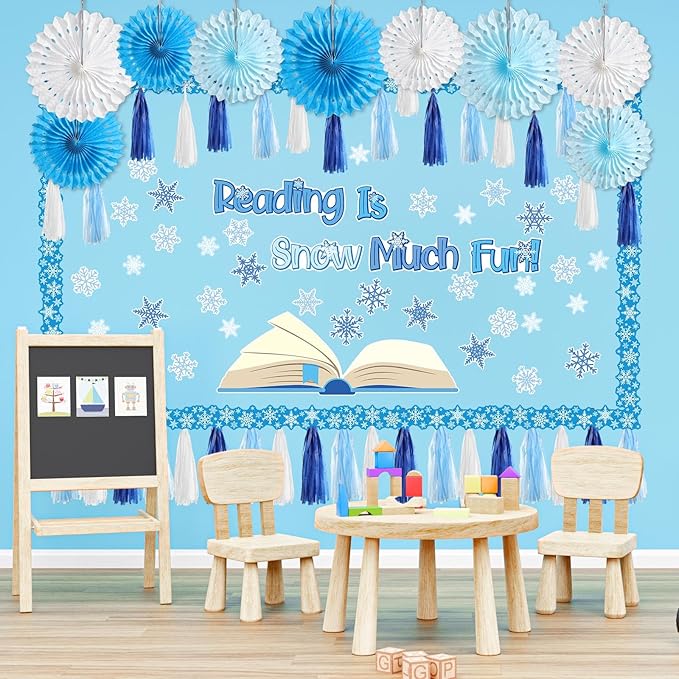 Frienda 99 Pieces 3D Snowflake Bulletin Board Decorations with Paper Fan Tassels Winter Reading is Snow Much Fun Snowflake Cutouts Classroom Decor for Winter Christmas School Party Supplies Home