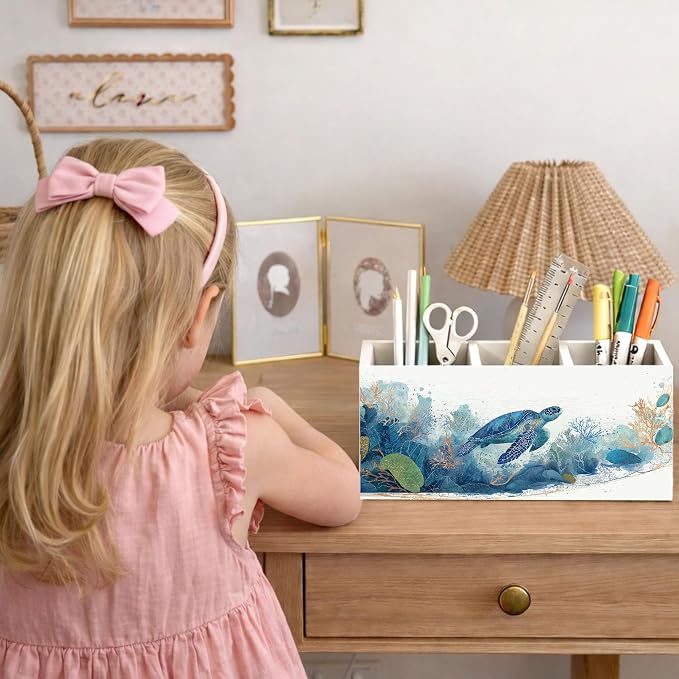 Sea Turtle Desk Organizer Wooden Pen Pencil Holder for Desk, 3 Compartments Ocean Themed Accessories, Coastal Turtle Lover Decor for Home Office Table Storage