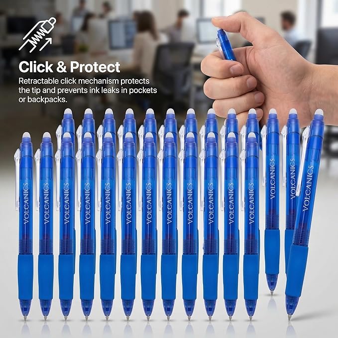 Volcanics Retractable Clicker Erasable Gel Pens - 0.7mm Ball Point, Heat Erase with Built-in Eraser, 36 Pack Blue