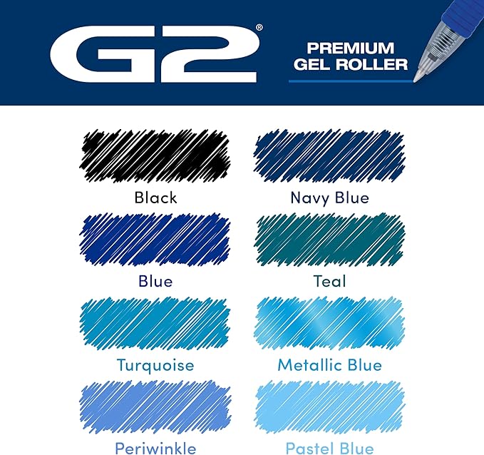 PILOT, G2 Premium Gel Roller Pens, G2 Boost Blues Pack, The Colors of Productivity, 8 Pack Pouch, Fine Point 0.7 mm, Assorted