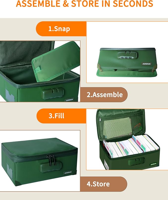 JUNDUN Index Card Holder with Lock,Collapsible Fireproof Index Card Box fits 1200 3x5-Inch Flash Cards - Business, Recipe, or Note Card Storage Boxes - Green