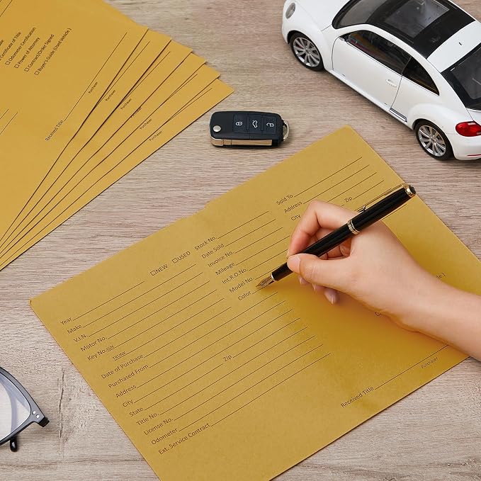 Watersay 120 Pcs 9 x 12 In Vehicle Dealer Jackets for Car Sales 32lb Colored Printed Deal Envelopes Dealership Supplies File Jackets Automotive Folders for Car Dealerships (Classic,Cowhide Yellow)