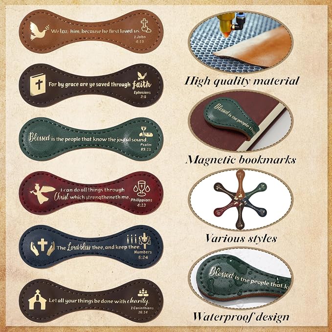 Spakon 6 Pcs Christian Fathers Day Magnetic Bookmark Gifts Bible Bookmarks Religious Personalized Magnetic Leather Book Marker for Men Women Coworkers Teachers Students(Dark Color,Elegant)