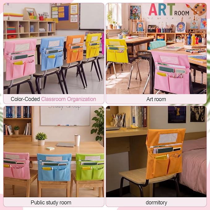 Remagr 24 Pcs Chair Pockets for Classroom Chairs, 14" x 13" Chairs Sacks with Name Tags for Chairback, Multi Pockets Storage Bags Chair Organizer for Kindergarten Elementary School(Macarons)