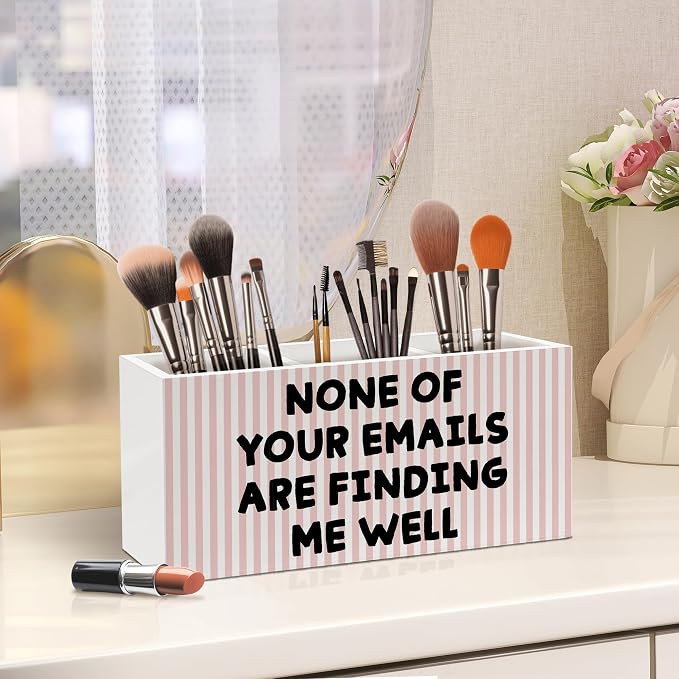 Pink Striped Funny Pen Holder, Funny Office Pen Pencil Holder Organizer for Desk Accessories, Sarcastic Gifts Wooden Box Desk Decor for Home Office Workplace Desk Decorations