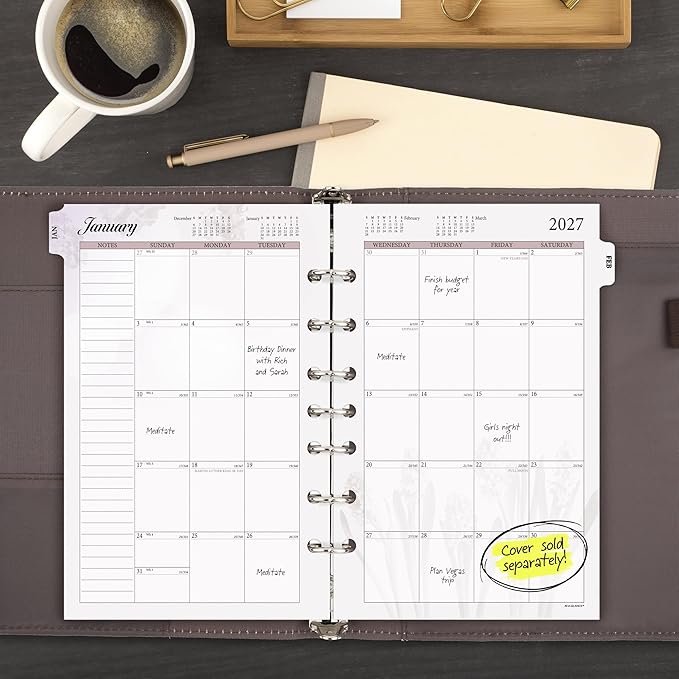 AT-A-GLANCE 2027 Planner Refill, Monthly, 5.5" x 8.5", Desk Size 4, Tabbed, 7-Ring Loose-Leaf, Unruled Blocks, Nature (061-685-27)