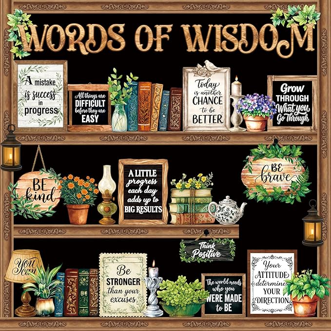 Mooliwe 57 Pcs Vintage Plant Bulletin Board Set Inspirational Greenery Classroom Decoration Potted Plant Flower Cutout for School Office Chalkboard Door Wall Decor