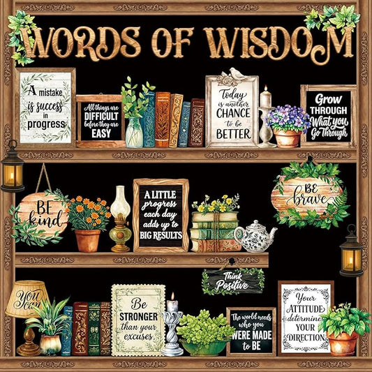 Mooliwe 57 Pcs Vintage Plant Bulletin Board Set Inspirational Greenery Classroom Decoration Potted Plant Flower Cutout for School Office Chalkboard Door Wall Decor