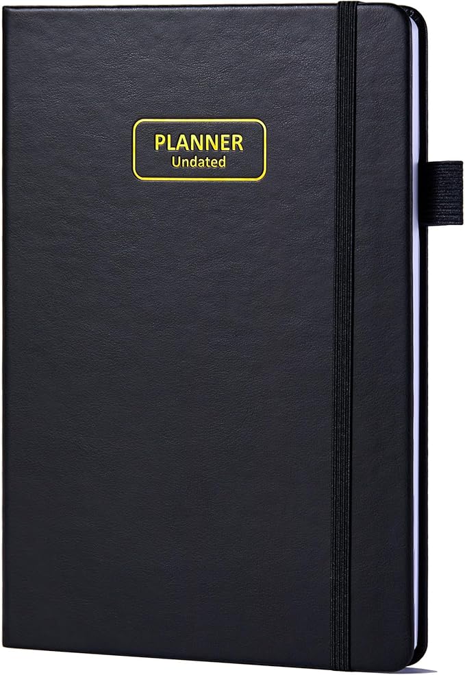 Comkiso Undated Weekly and Monthly Planner with Adhesive Tabs, A5 Dateless Academic Planner for Women & Men Daily Planning, Hardcover Leather All In One Planner for Home School Work Organizer (Black)